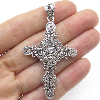 925 Sterling Silver Vintage Turkey Blue Topaz Gemstone Filigree Cross Pendant