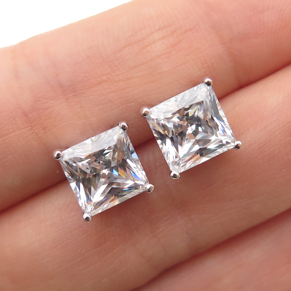 925 Sterling Silver Princess-Cut C Z Stud Earrings