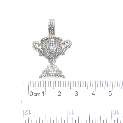 925 Sterling Silver Gold Plated Round-Cut C Z World / Champion Trophy Pendant