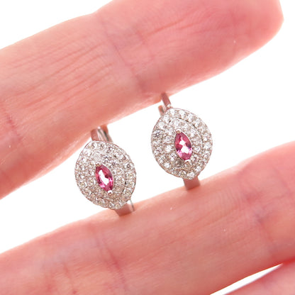 925 Sterling Silver Pink & White C Z Hoop Earrings