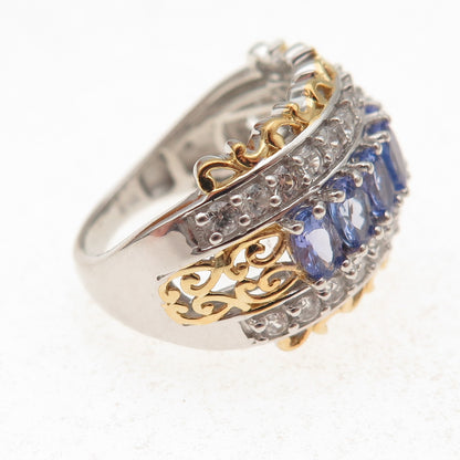 Chuck Clemency 925 Sterling Silver 2-Tone Real Tanzanite White Topaz Ring Size 8