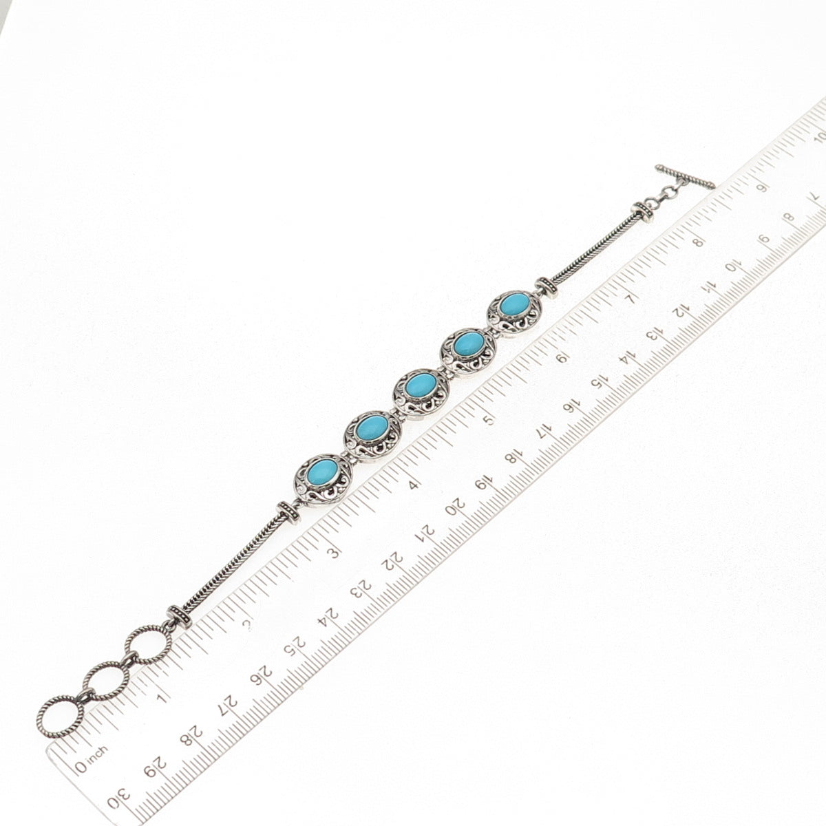 D'Joy 925 Sterling Silver Real Turquoise Floral Ornate Oxidized Bracelet 7-8"