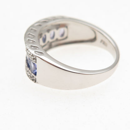 925 Sterling Silver Real Oval-Cut Tanzanite & Round-Cut White Topaz Ring Size 8