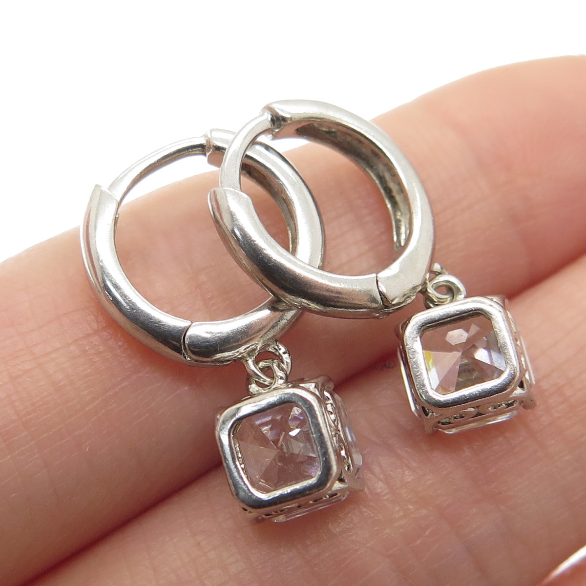 925 Sterling Silver Cushion-Cut Shaped C Z Huggie Earrings