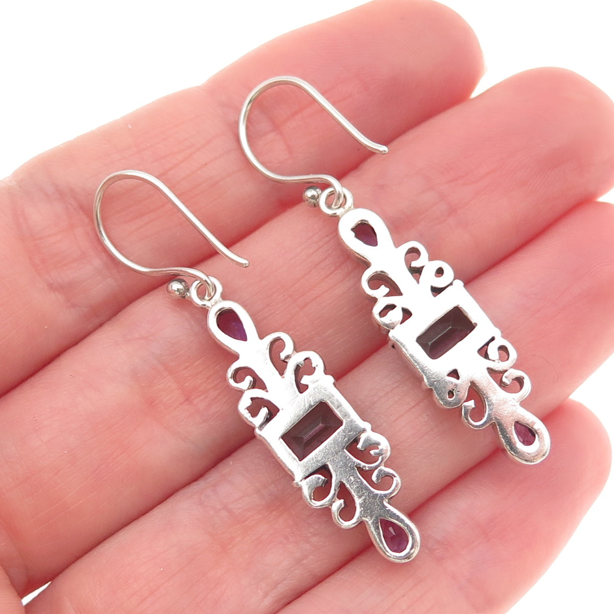 925 Sterling Silver Vintage Real Amethyst Mystic Topaz Modernist Dangle Earrings