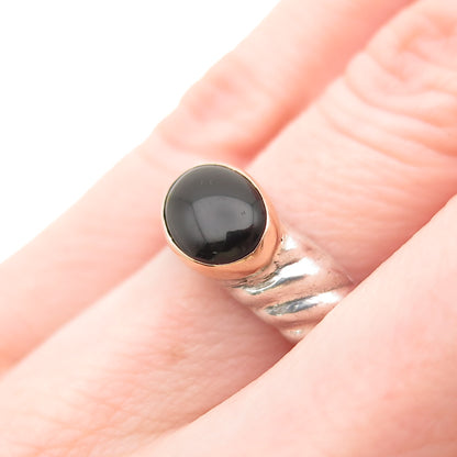 925 Sterling Silver 14K Gold Vintage Real Black Onyx Modernist Ring Size 6.25