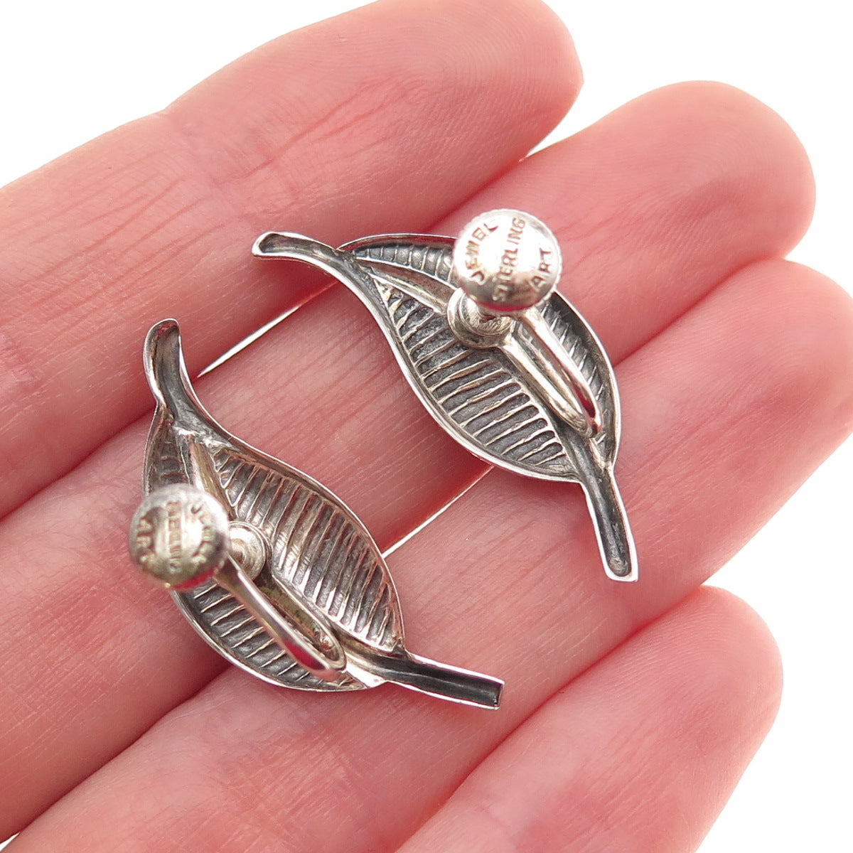 JewelArt 925 Sterling Silver Vintage Floral Leaf Oxidized Screw Back Earrings