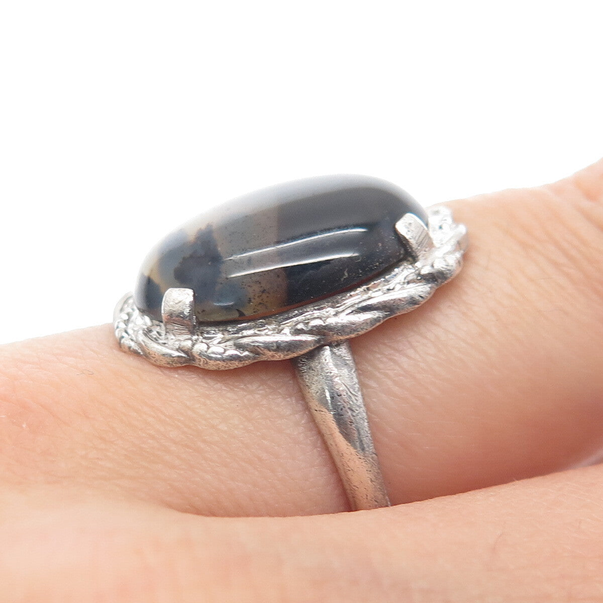 CLARK & COOMBS 925 Sterling Silver Antique Art Deco Real Agate Ring Size 6.75