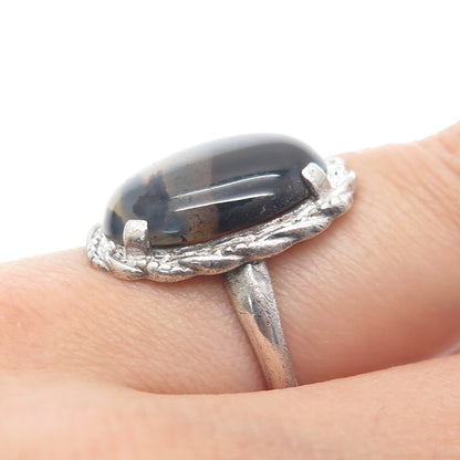 CLARK & COOMBS 925 Sterling Silver Antique Art Deco Real Agate Ring Size 6.75