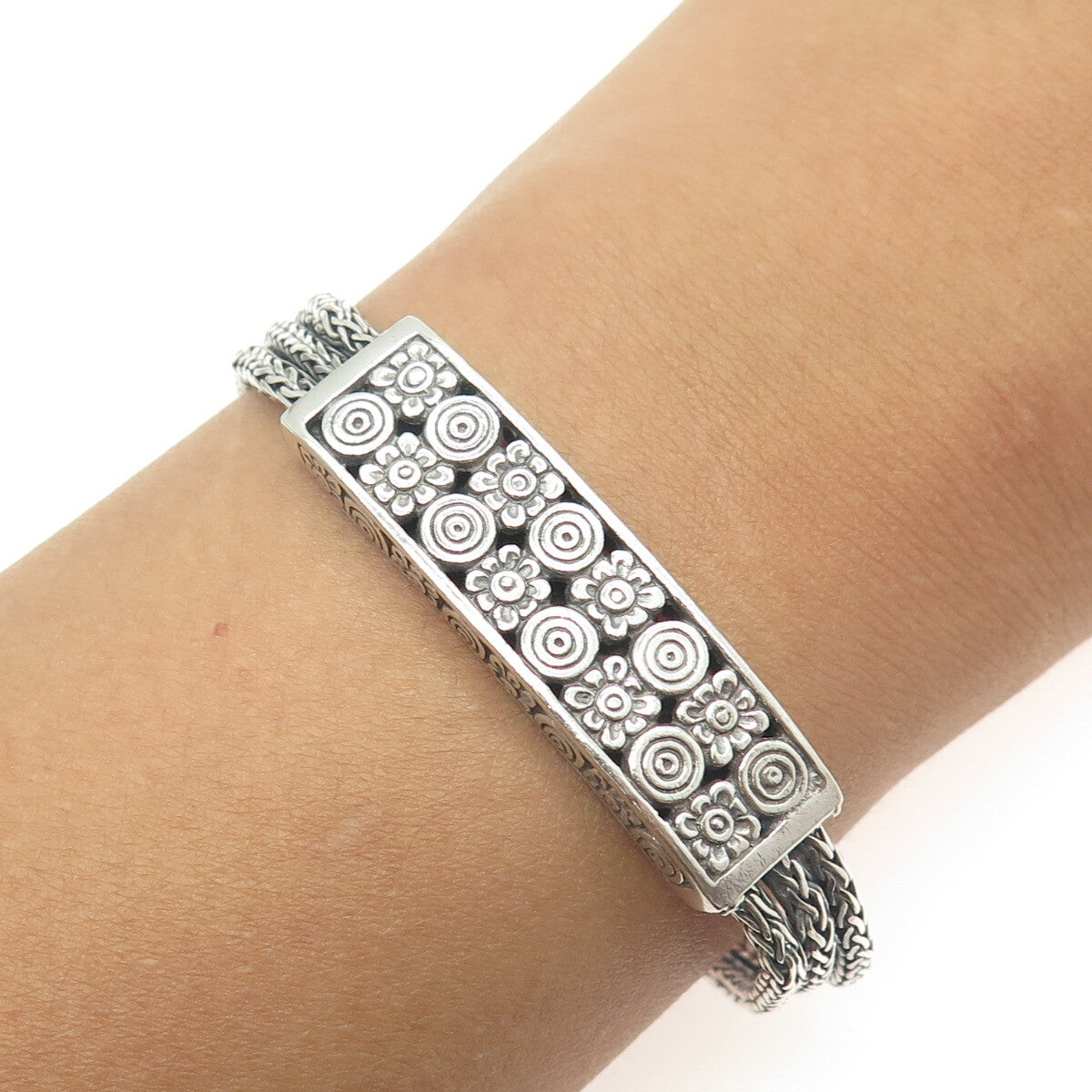 925 Sterling Silver Vintage Floral ID 3-Row Wheat Link Bracelet 6.75"