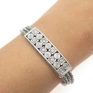 925 Sterling Silver Vintage Floral ID 3-Row Wheat Link Bracelet 6.75"