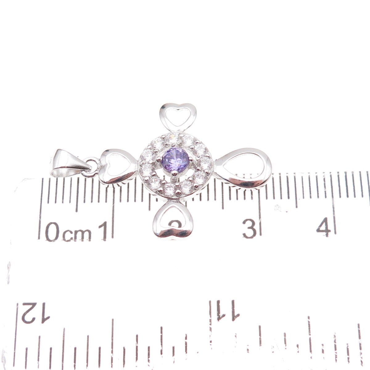 925 Sterling Silver Lavender & White C Z Heart Cross Charm Pendant