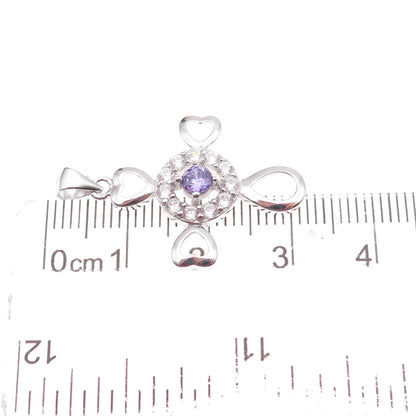 925 Sterling Silver Lavender & White C Z Heart Cross Charm Pendant