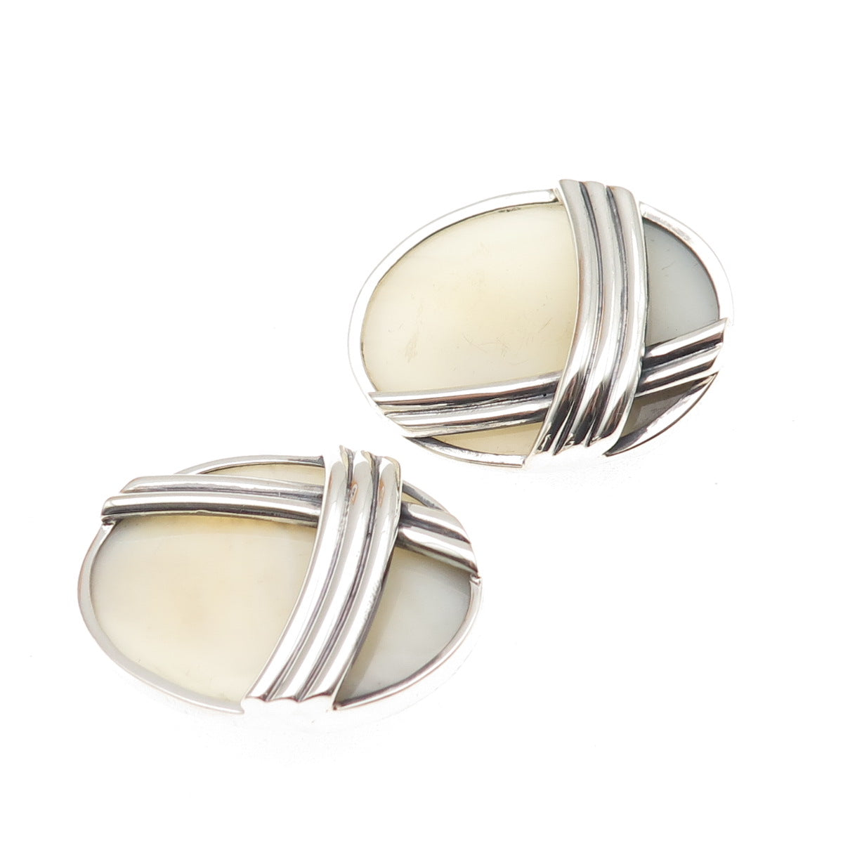 Ture Designs 925 Sterling Silver Vintage Real MOP Modernist Clip On Earrings