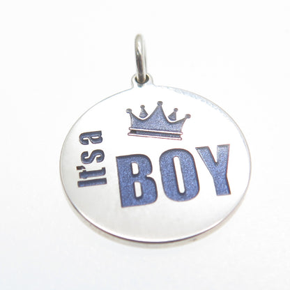 925 Sterling Silver Purple Enamel "It's a Boy" Round Minimalist Charm Pendant