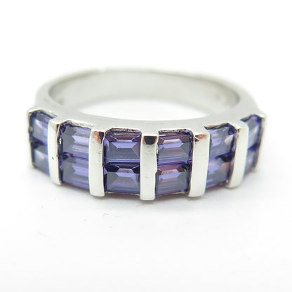 925 Sterling Silver Emerald-Cut Purple C Z Ring Size 7.75