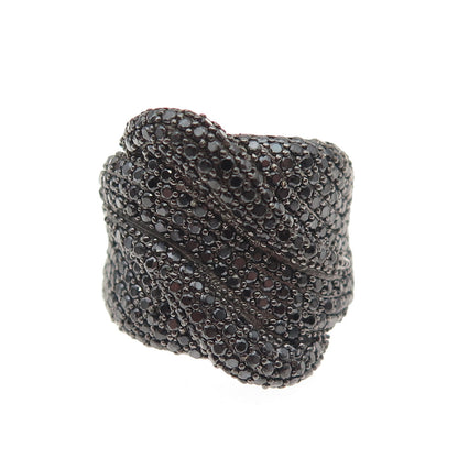 925 Sterling Silver Real Round-Cut Black Spinel Wavy Ring Size 5