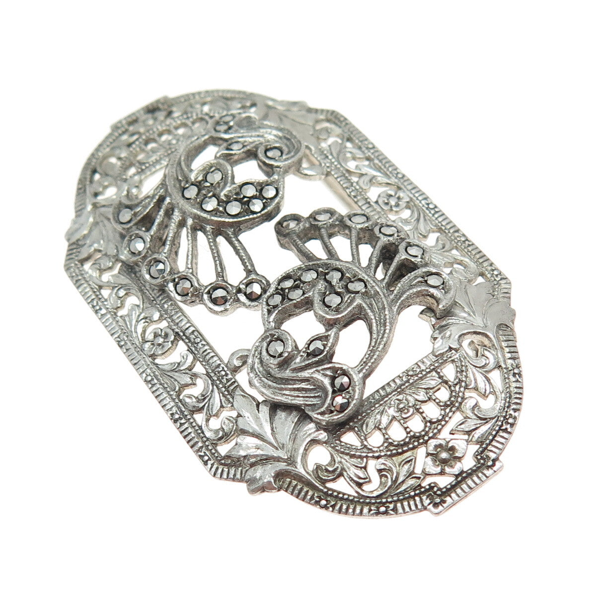 925 Sterling Silver Antique Art Deco Marcasite Gem Floral Leaf Ornate Brooch