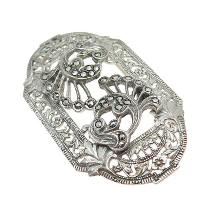 925 Sterling Silver Antique Art Deco Marcasite Gem Floral Leaf Ornate Brooch