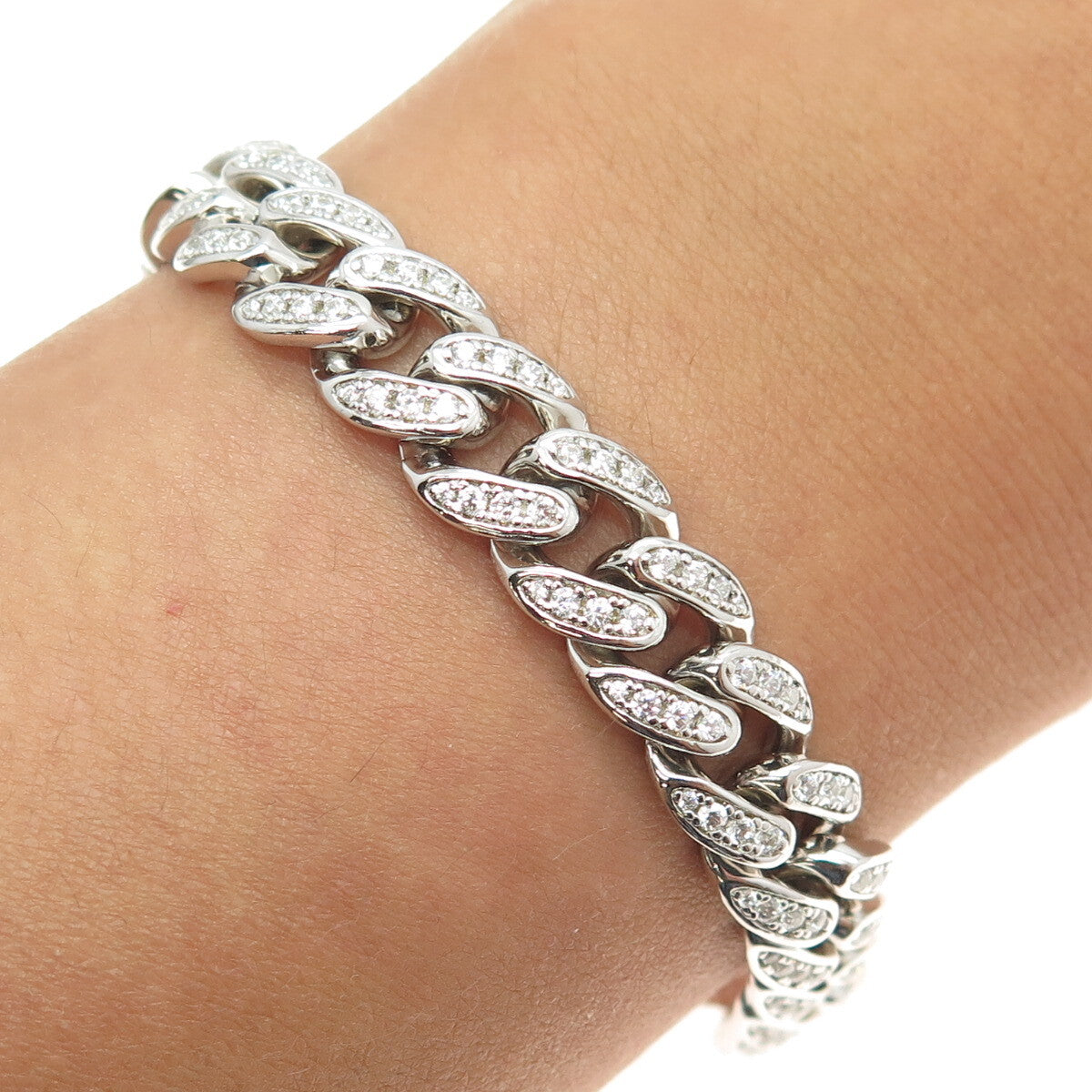 925 Sterling Silver Round-Cut C Z Cuban Link Bracelet 8.5"