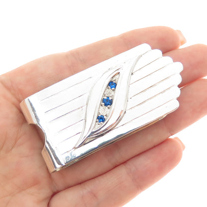 925 Sterling Silver Overlaid Vintage Mexico Blue Rhinestone Modernist Money Clip