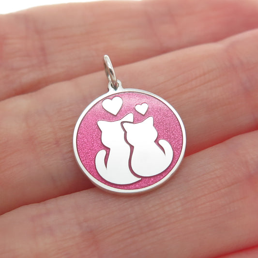 925 Sterling Silver Purple Pink Enamel Mom & Child Cat Heart Minimalist Pendant