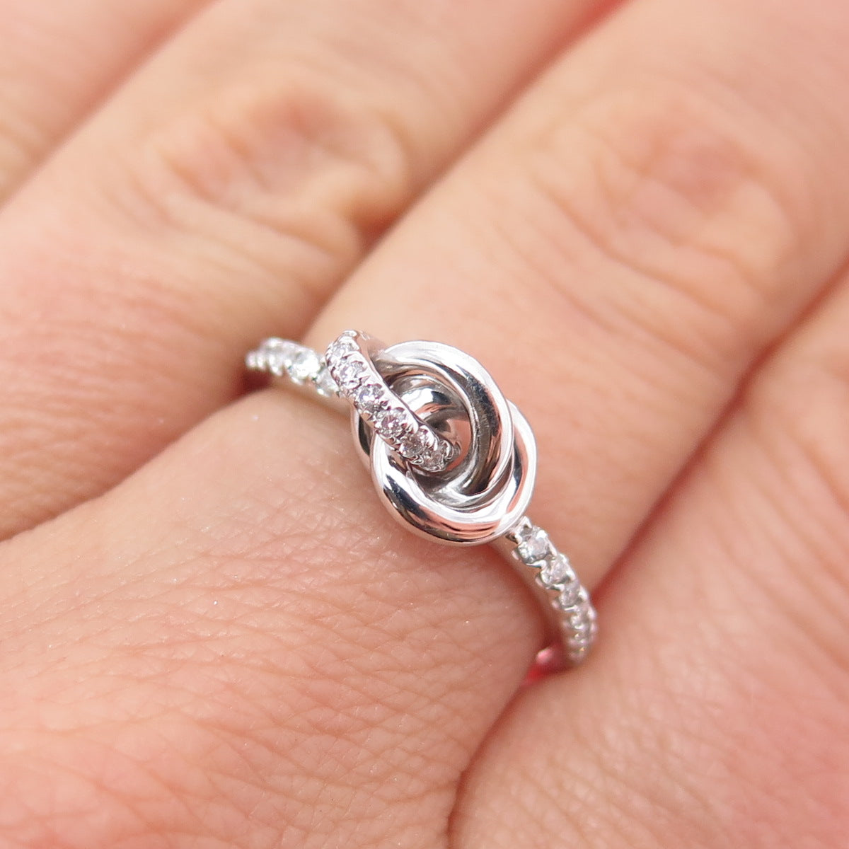 925 Sterling Silver Real Round-Cut Diamond Knot Ring Size 6.75
