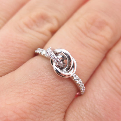 925 Sterling Silver Real Round-Cut Diamond Knot Ring Size 6.75