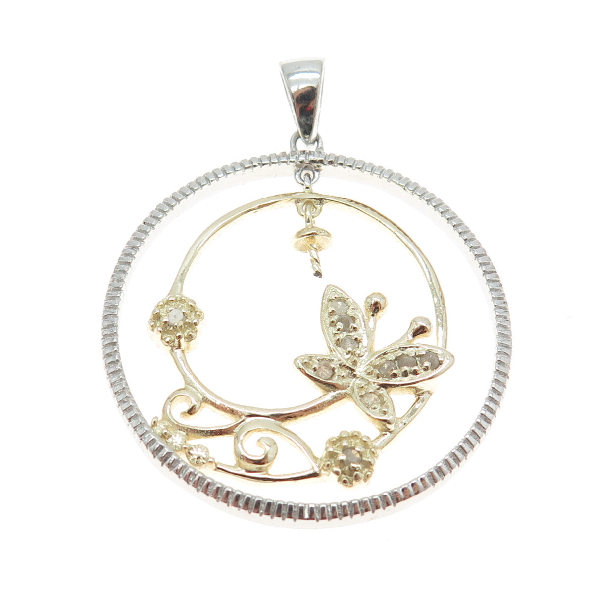 925 Sterling Silver 2-Tone Real Round-Cut Diamond Butterfly Round Pendant