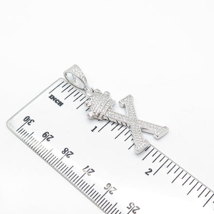 925 Sterling Silver REL C Z Letter "X" & Crown Initial Pendant