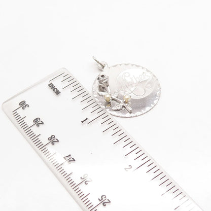 925 Sterling Silver Vintage Pearl & Melanite Gem "Mother" Rose Floral Pendant