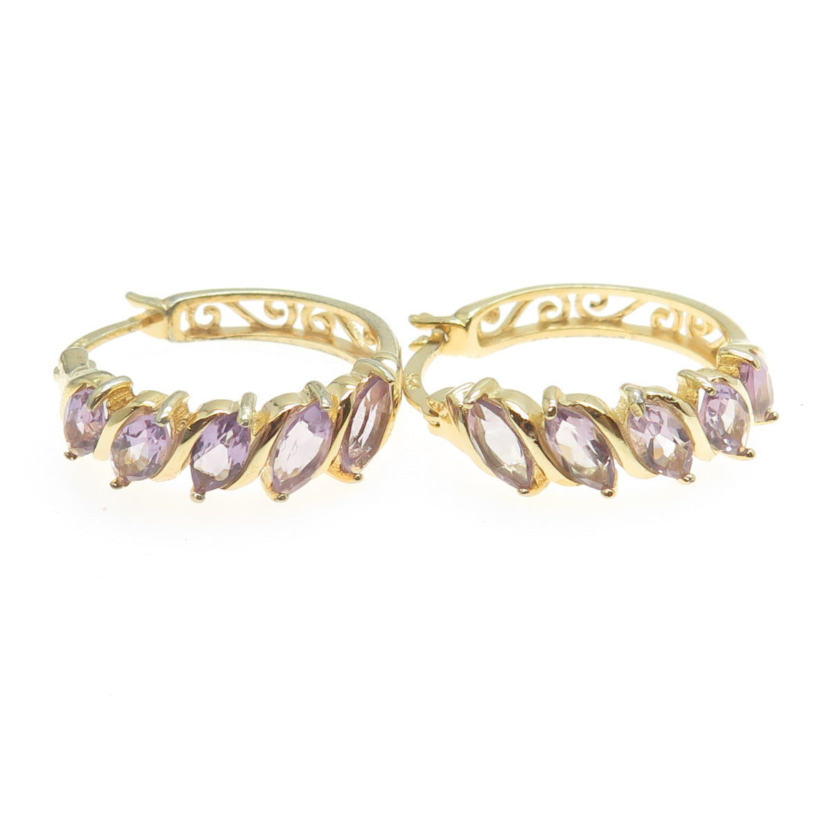 925 Sterling Silver Gold Plated Real Amethyst Gemstone Hinged Hoop Earrings