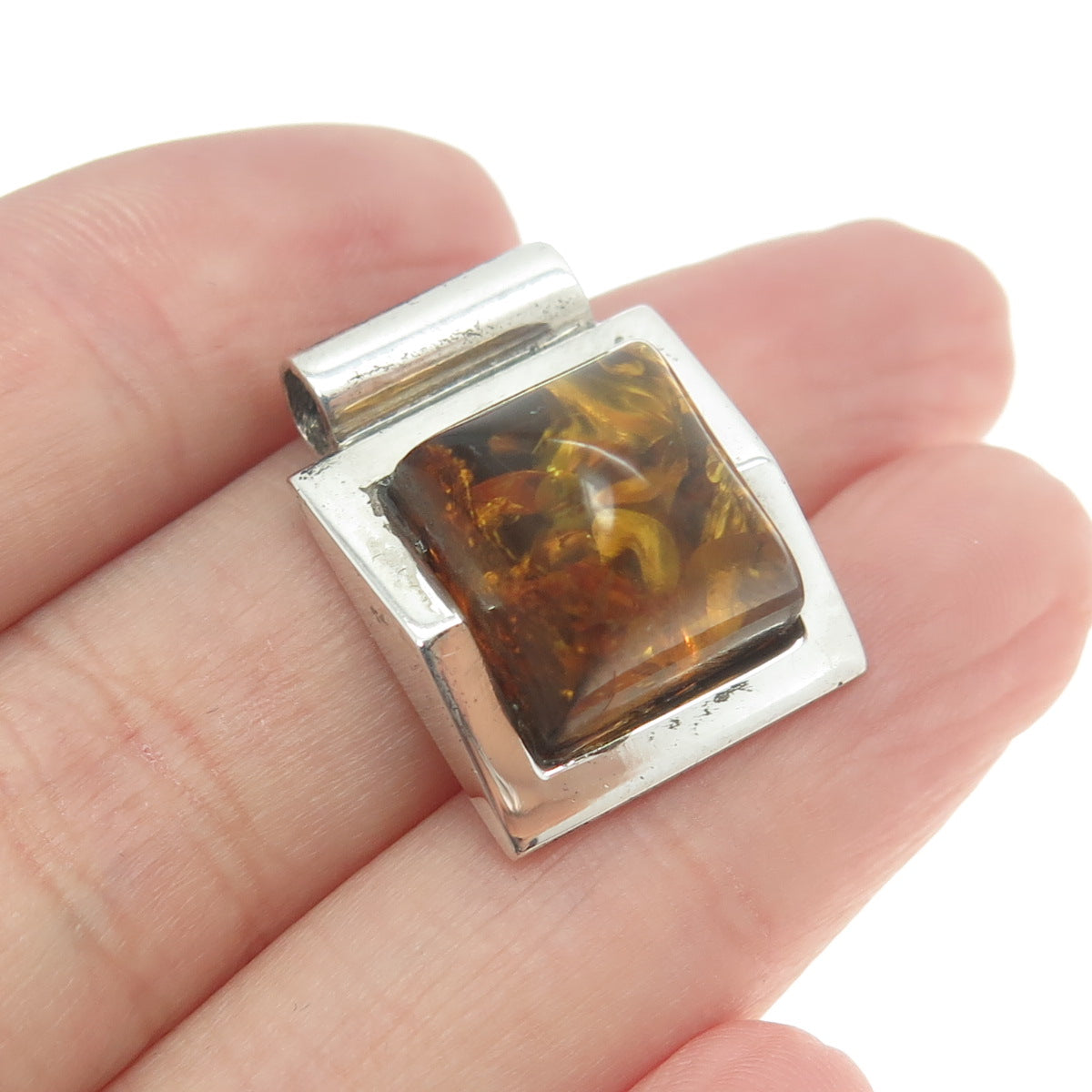 925 Sterling Silver Vintage Real Amber Modernist Square Pendant