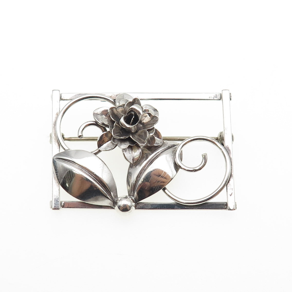 925 Sterling Silver Antique Art Deco Flower Oxidized Pin Brooch