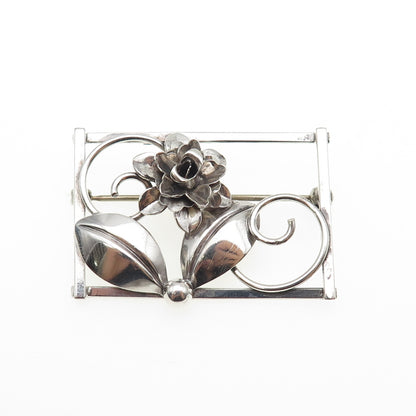 925 Sterling Silver Antique Art Deco Flower Oxidized Pin Brooch