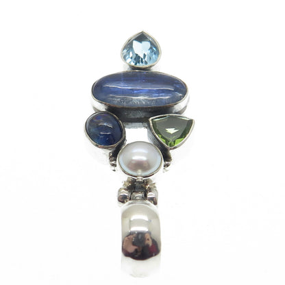 925 Sterling Silver Vintage Real Pearl Peridot Sapphire Blue Topaz Gem Pendant