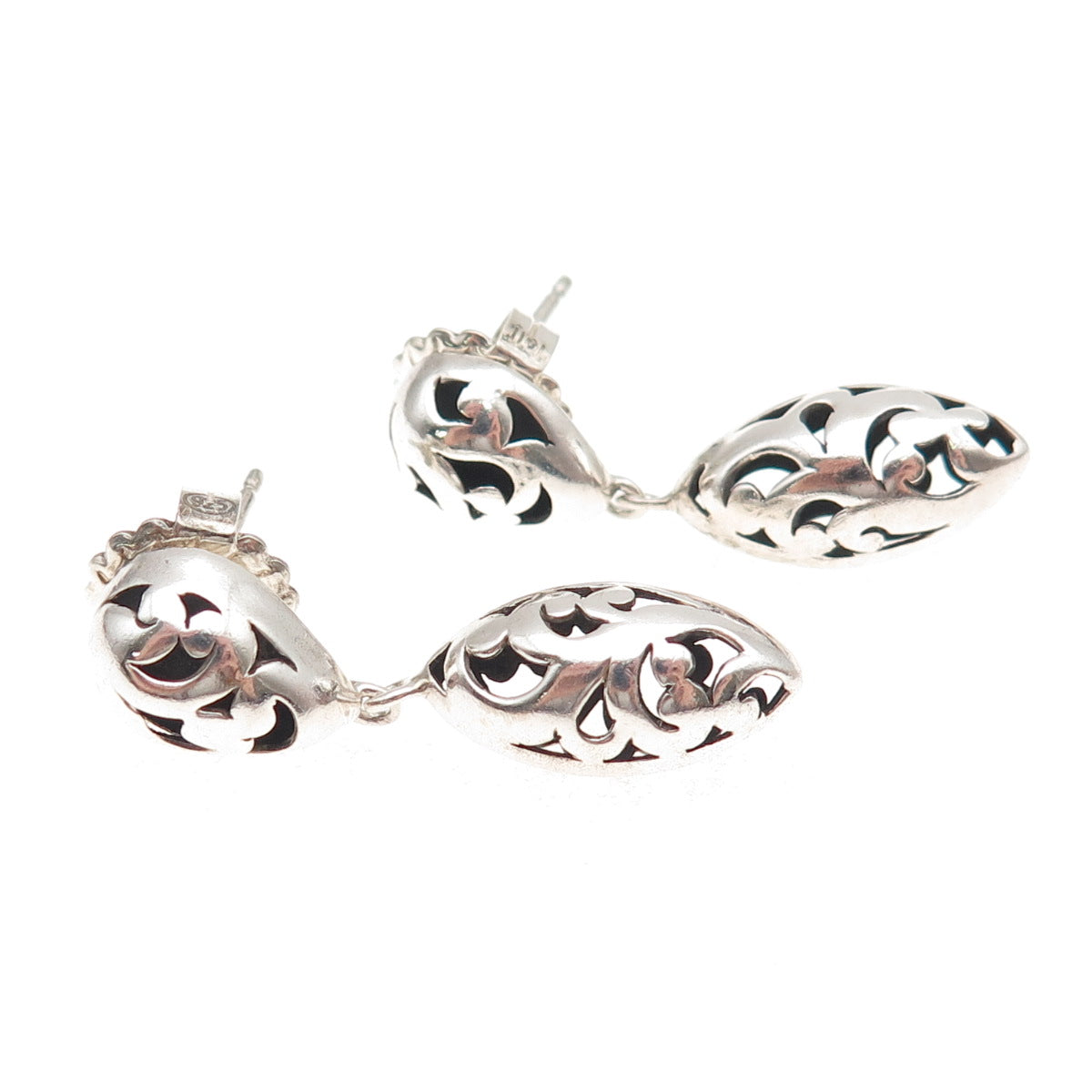 925 Sterling Silver Vintage Modernist Floral Scroll Oxidized Dangle Earrings
