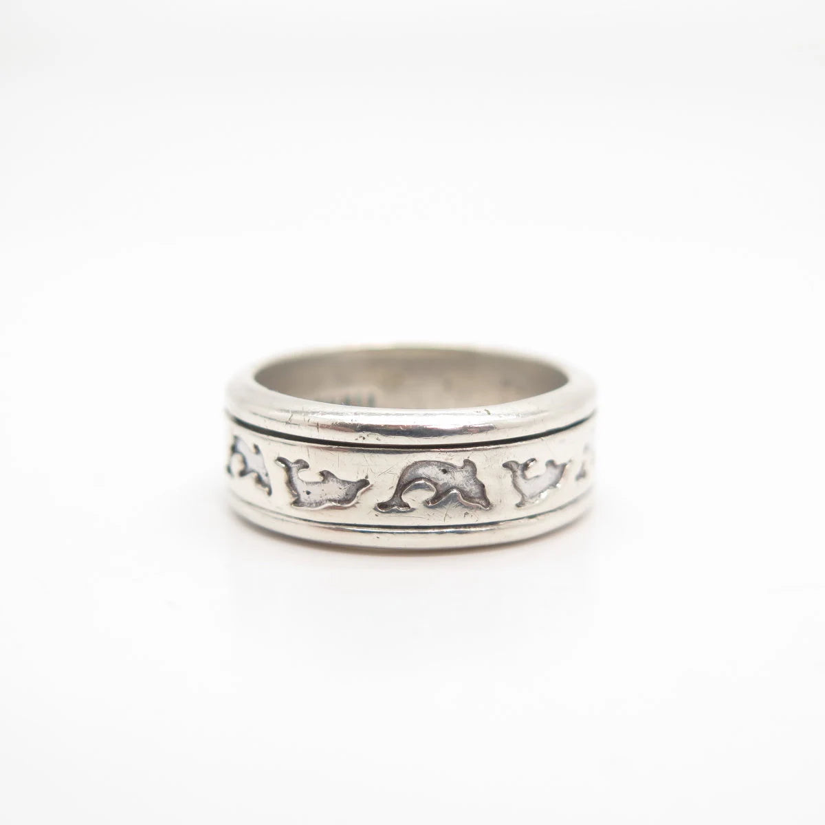 925 Sterling Silver Vintage Friendly Dolphin Rotating Band Ring Size 7 3/4