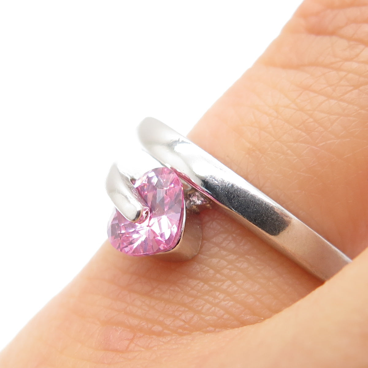 925 Sterling Silver Vintage Heart-Cut Pink C Z Spiral Ring Size 5
