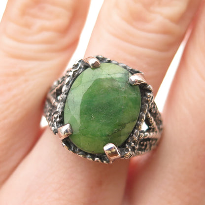 925 Sterling Silver Vintage Real Emerald Modernist Oxidized Ring Size 9.75