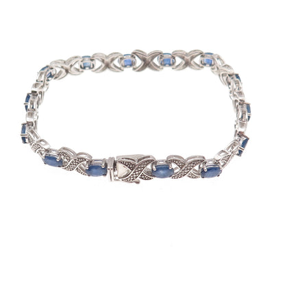 925 Sterling Silver Real Diamond & Sapphire X-Link Bracelet 7.25"