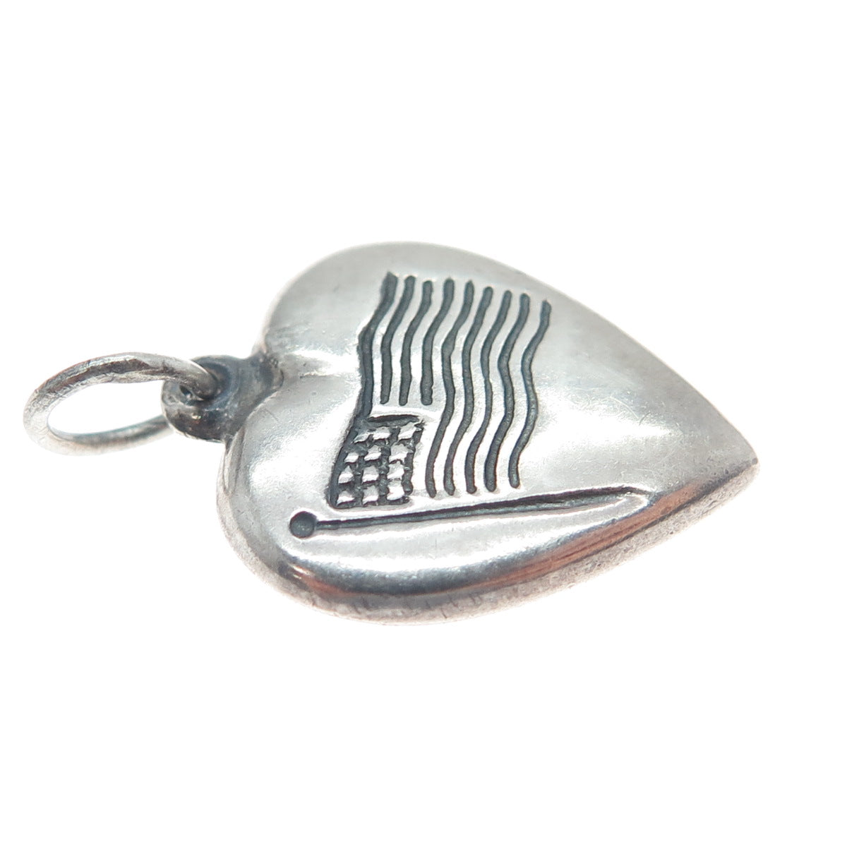 925 Sterling Silver Antique Art Deco US Flag Chatelaine Heart Minimalist Pendant