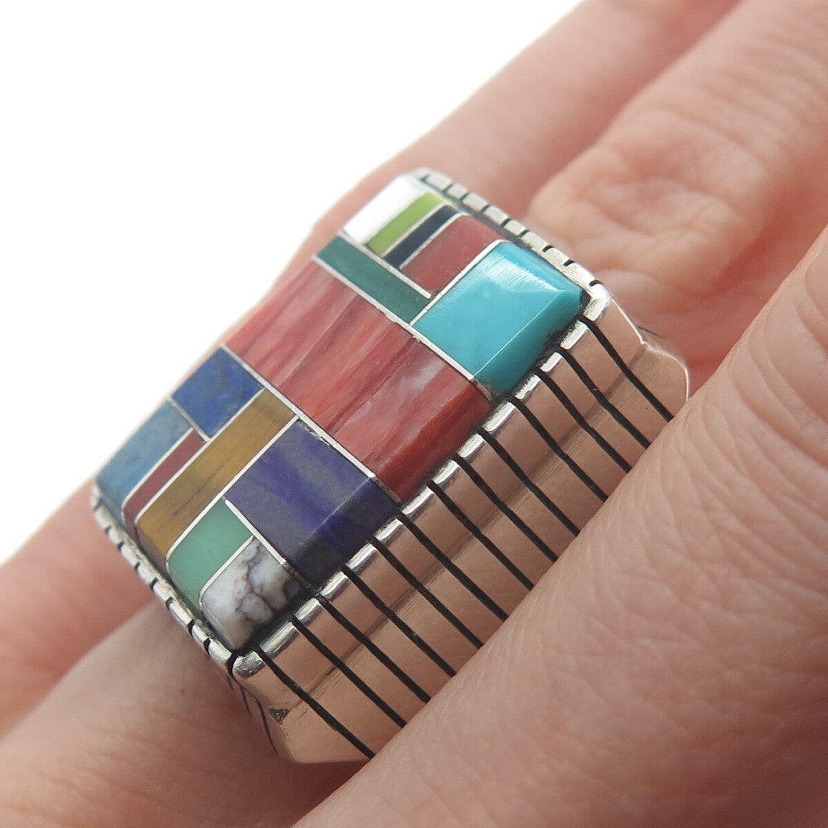 JIMMY POYER NAVAJO Old Pawn Sterling Silver Vintage Multi-Gem Ring Size 11.25