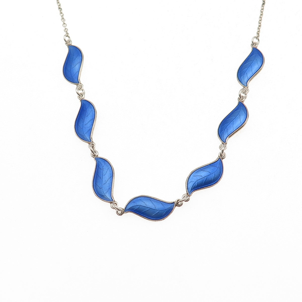 Aksel Holmsen 925S Sterling Vintage Norway Enamel Floral Leaf Chain Necklace 16"