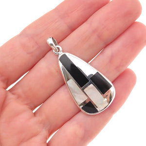 925 Sterling Silver Vintage Real Black Onyx & MOP Modernist Charm Pendant