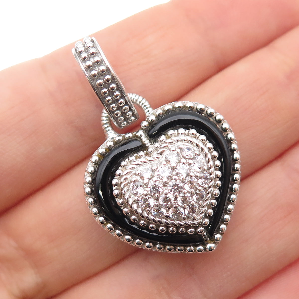 JUDITH RIPKA 925 Sterling Silver Real Black Onyx & C Z Heart Charm Pendant