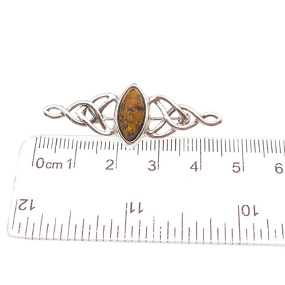 925 Sterling Silver Vintage Real Amber Celtic Knot Oxidized Pin Brooch