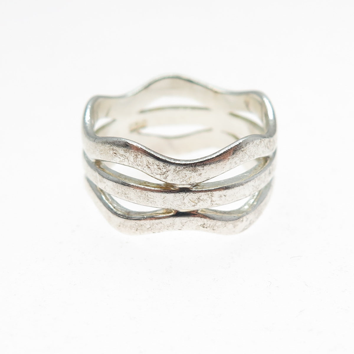925 Sterling Silver Vintage Modernist 3-Row Wavy Band Ring Size 7.25