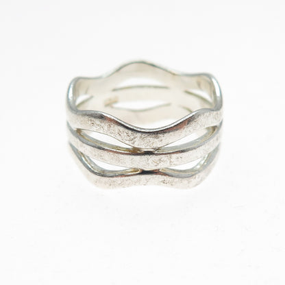 925 Sterling Silver Vintage Modernist 3-Row Wavy Band Ring Size 7.25