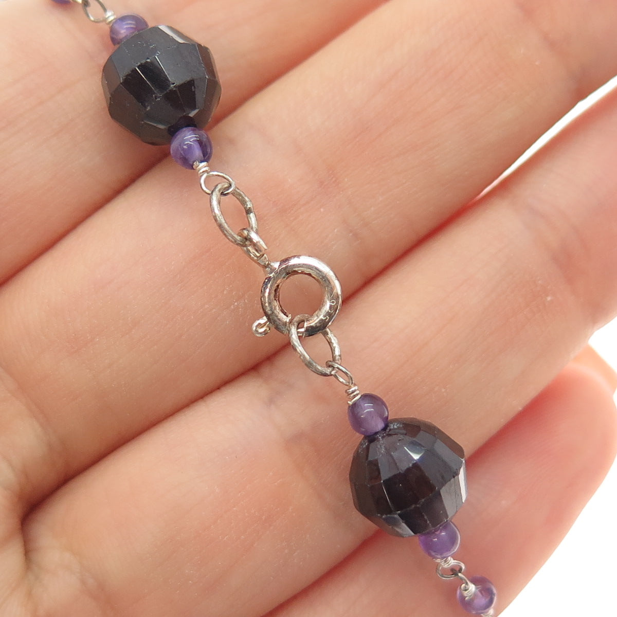 925 Sterling Silver Vintage Real Red Garnet & Amethyst Beaded Chain Necklace 16"